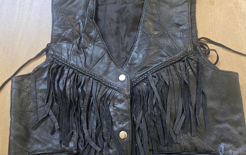 Vintage Patchwork Leather Fringe Vest Black Western Biker Side Lace Women’s Med - Picture 2 of 10